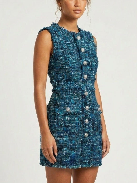Blue Toned Frayed Tweed Mini Dress