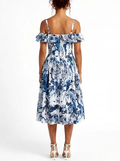 Blue Tropical Print Off Shoulder Cotton Midi Dress - Dresses