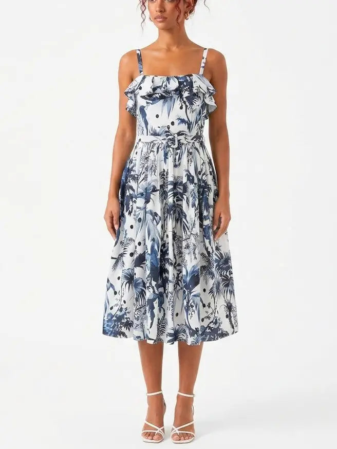 Blue Tropical Print Off Shoulder Cotton Midi Dress - Dresses