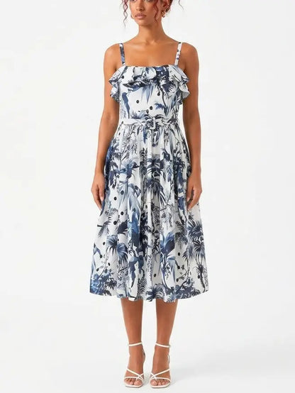 Blue Tropical Print Off Shoulder Cotton Midi Dress - Dresses