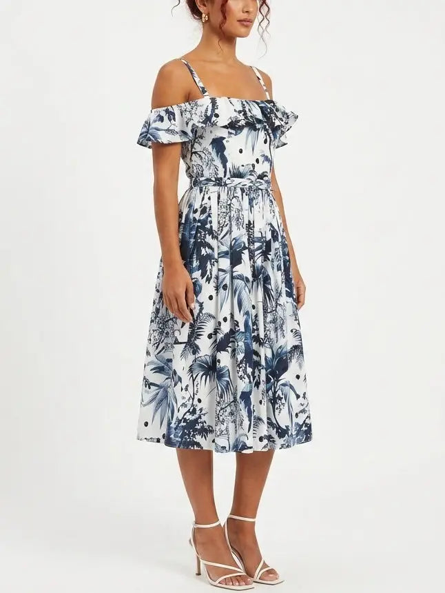 Blue Tropical Print Off Shoulder Cotton Midi Dress - Dresses