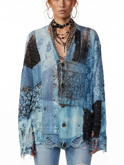 Blue and Black Distressed Bandana Print Cardigan - Sweaters & Knitwear