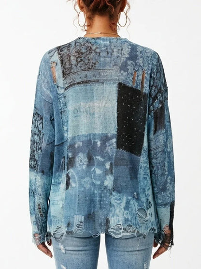 Blue and Black Distressed Bandana Print Cardigan - Sweaters & Knitwear