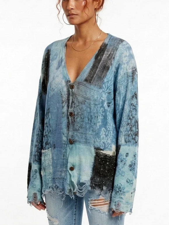 Blue and Black Distressed Bandana Print Cardigan - Sweaters & Knitwear