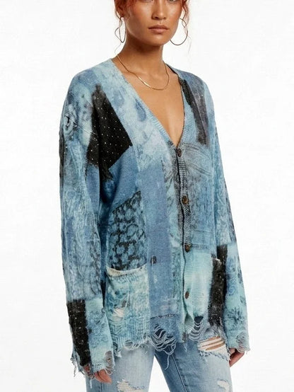 Blue and Black Distressed Bandana Print Cardigan - Sweaters & Knitwear