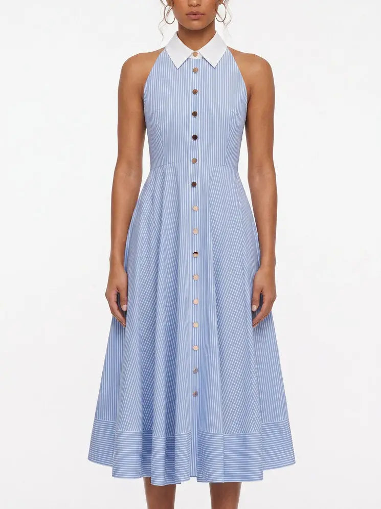 Blue and White Striped Halterneck Cotton Midi Dress - Dresses