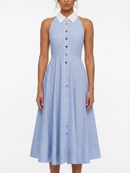 Blue and White Striped Halterneck Cotton Midi Dress - Dresses