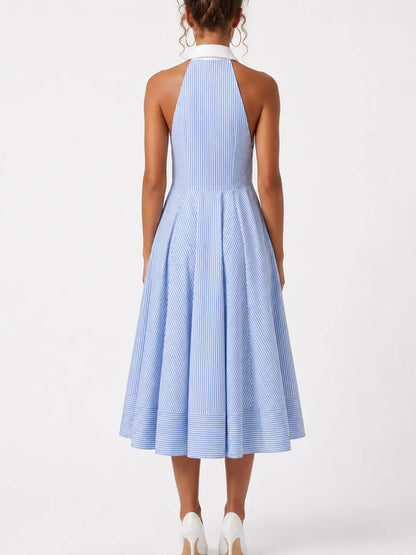 Blue and White Striped Halterneck Cotton Midi Dress - Dresses