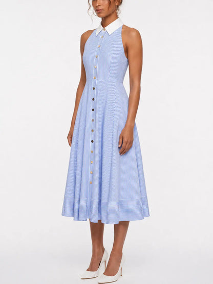 Blue and White Striped Halterneck Cotton Midi Dress - Dresses