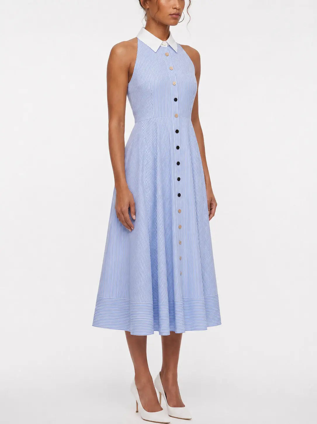 Blue and White Striped Halterneck Cotton Midi Dress - Dresses