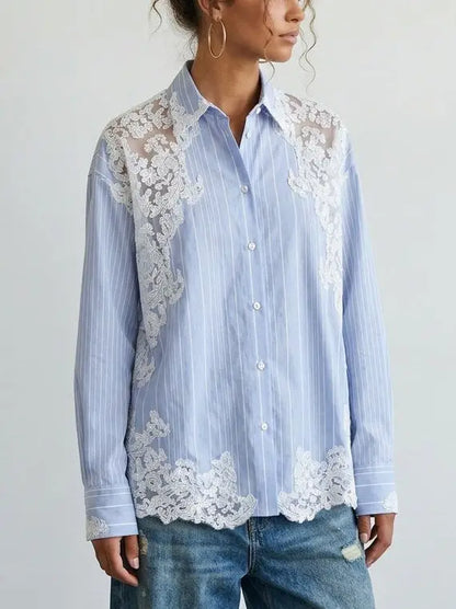 Blue and White Striped Lace Insert Shirt - Tops