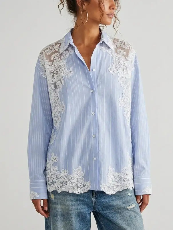 Blue and White Striped Lace Insert Shirt - Tops