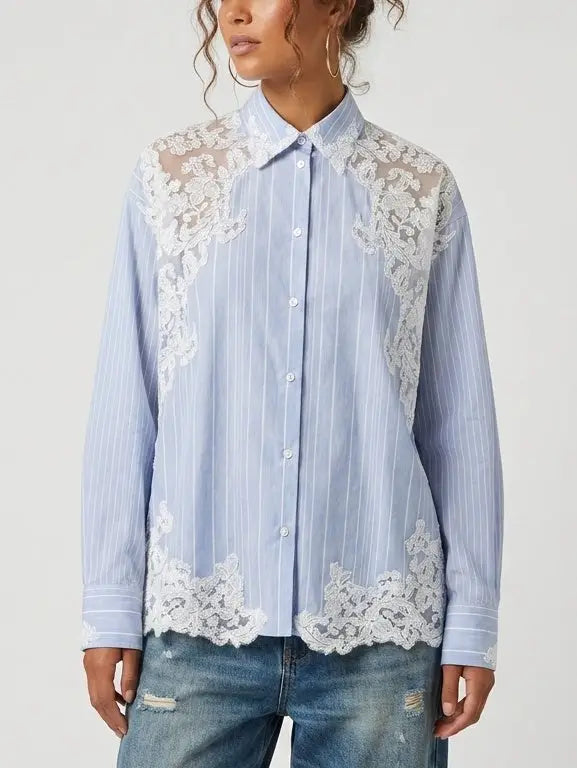 Blue and White Striped Lace Insert Shirt - Tops