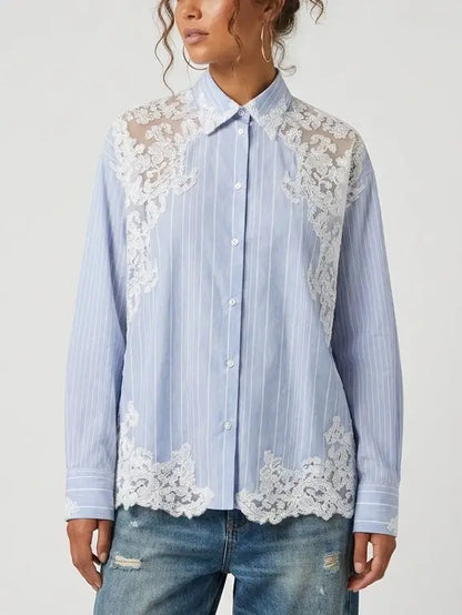Blue and White Striped Lace Insert Shirt - Tops
