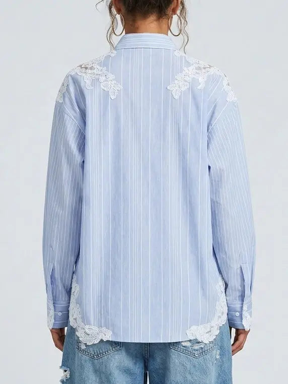 Blue and White Striped Lace Insert Shirt - Tops