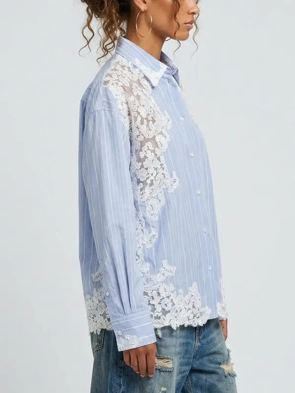 Blue and White Striped Lace Insert Shirt - Tops