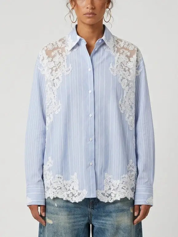 Blue and White Striped Lace Insert Shirt - Tops