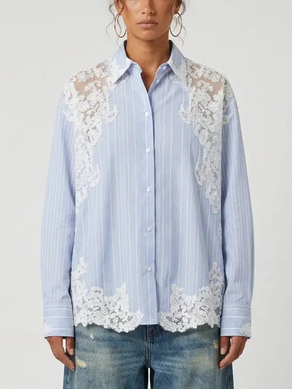 Blue and White Striped Lace Insert Shirt - Tops