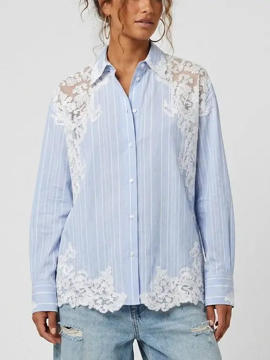 Blue and White Striped Lace Insert Shirt - Tops