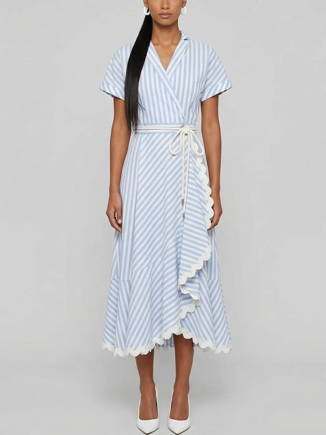 Blue and White Striped Wrap Midi Dress - Dresses