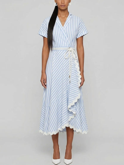 Blue and White Striped Wrap Midi Dress - Dresses