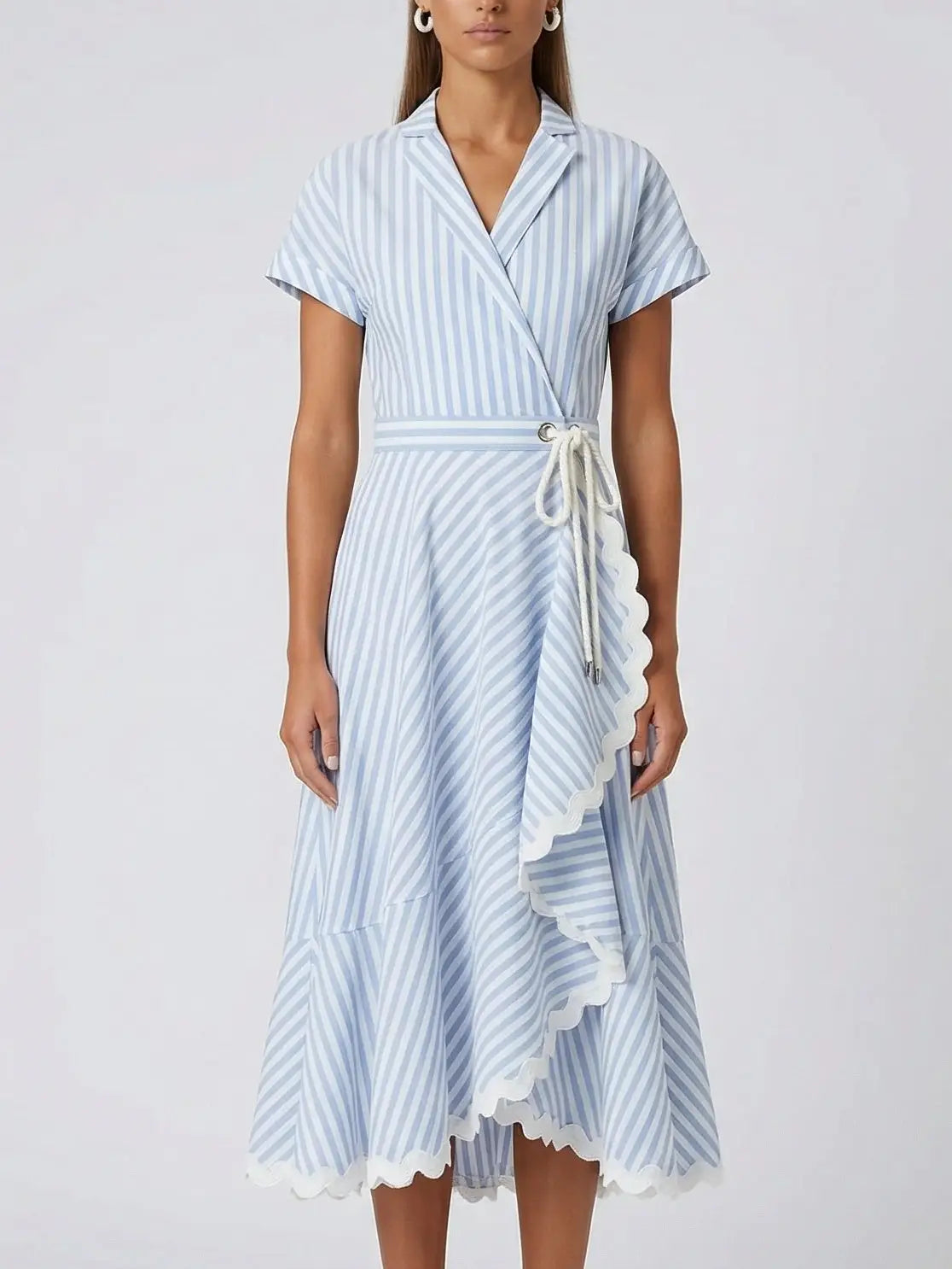 Blue and White Striped Wrap Midi Dress - Dresses