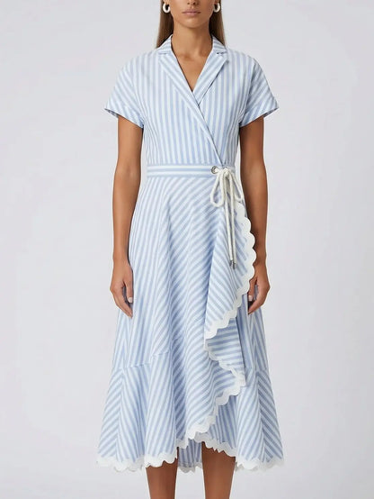 Blue and White Striped Wrap Midi Dress - Dresses