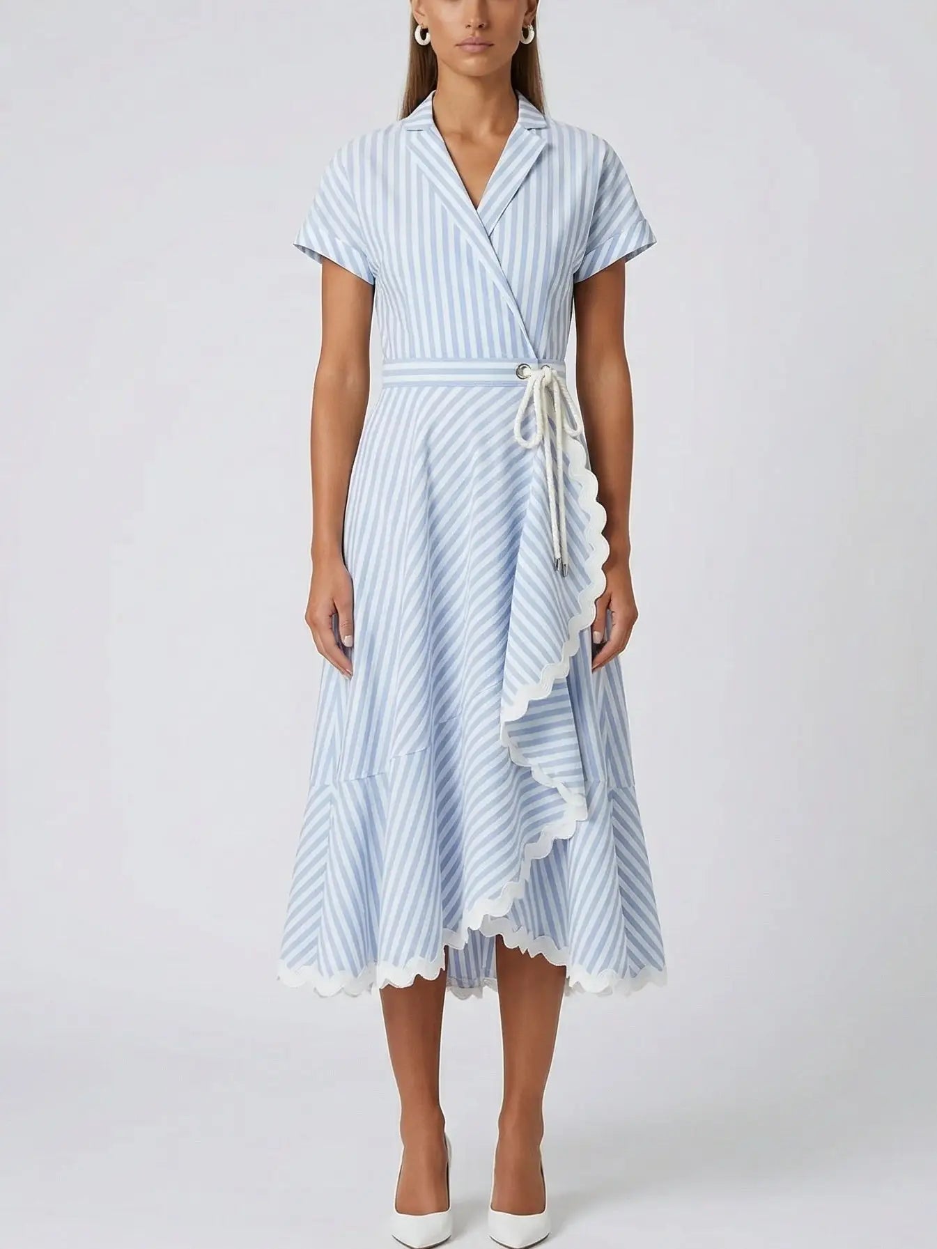 Blue and White Striped Wrap Midi Dress - Dresses