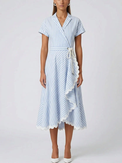 Blue and White Striped Wrap Midi Dress - Dresses