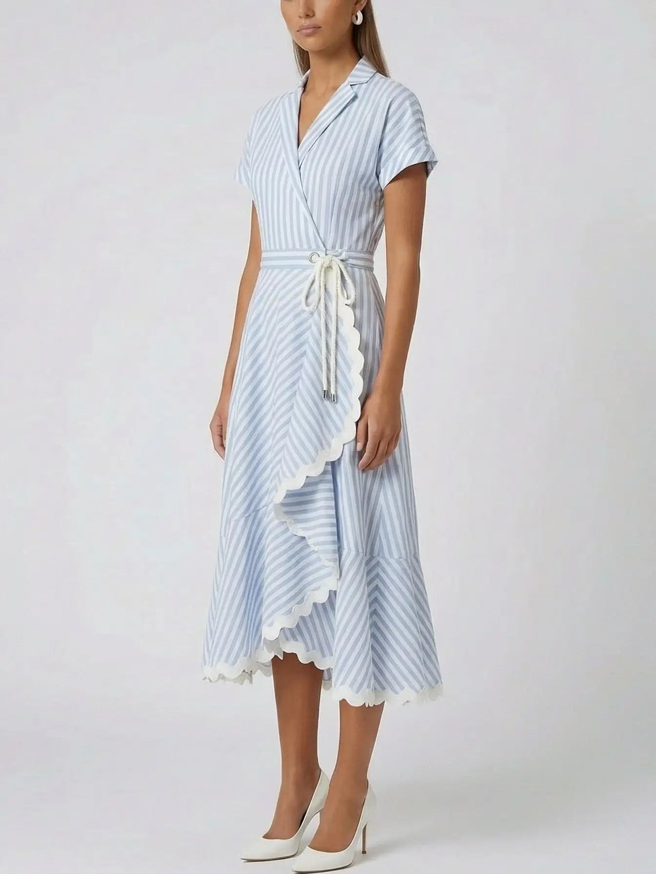 Blue and White Striped Wrap Midi Dress - Dresses