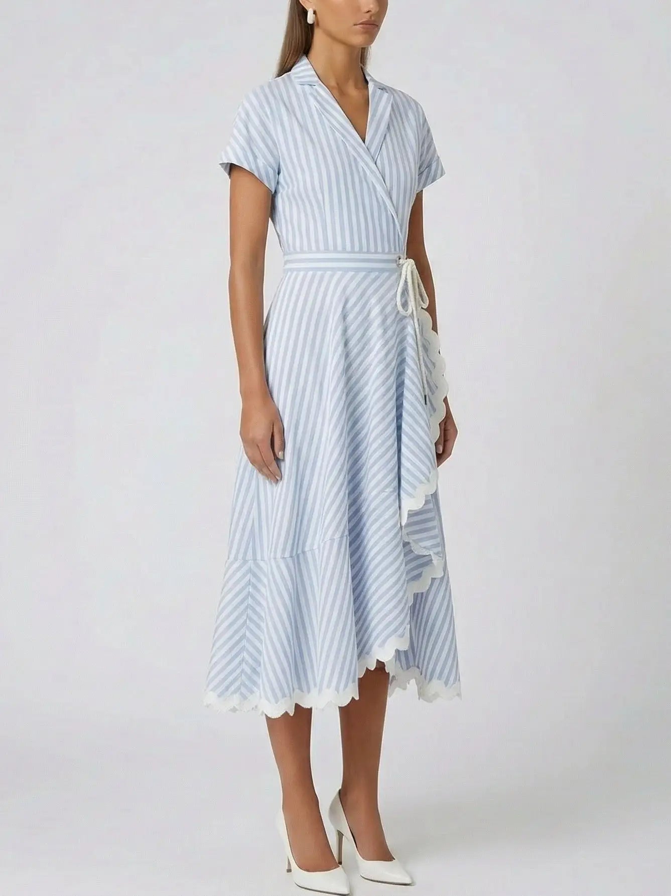 Blue and White Striped Wrap Midi Dress - Dresses