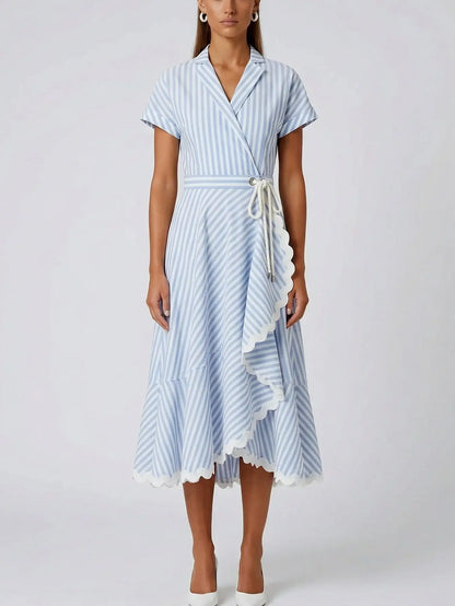Blue and White Striped Wrap Midi Dress - Dresses