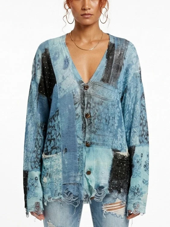 Blue and Black Distressed Bandana Print Cardigan - Small - Sweaters & Knitwear