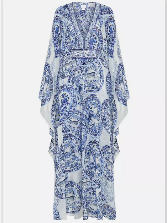 Blue and White Porcelain Print V-Neck Silk Kaftan Dress - Branna Couture