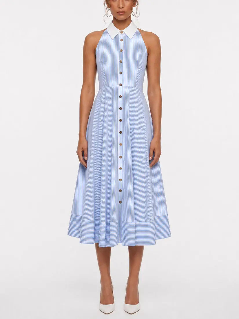 Blue and White Striped Halterneck Cotton Midi Dress - S - Dresses