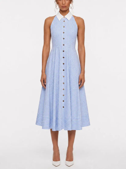 Blue and White Striped Halterneck Cotton Midi Dress - S - Dresses