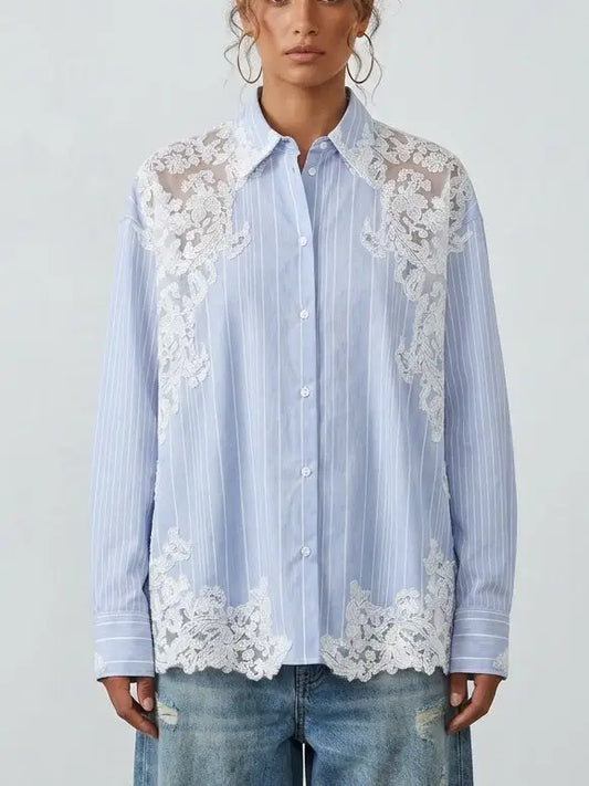 Blue and White Striped Lace Insert Shirt - Small - Tops