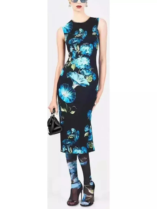 Bluebell Floral Print Silk Fitted Midi Dress - Branna Couture