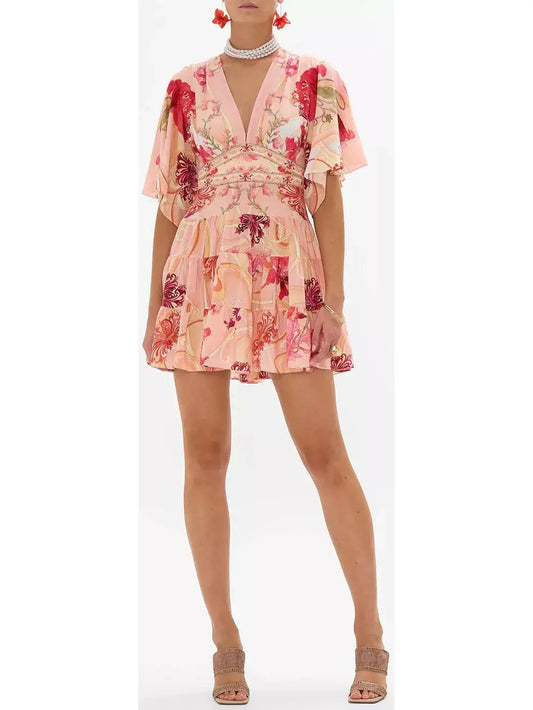 Blush Pink Floral-Printed Low-Cut Silk Mini Dress - Branna Couture