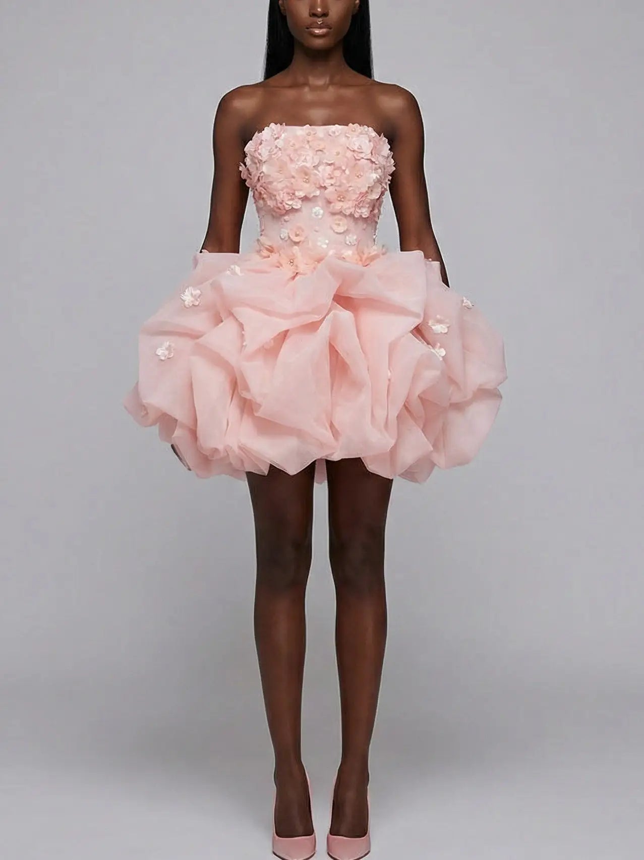 Blush 3D Floral Strapless Tulle Mini Dress - Small - Dresses