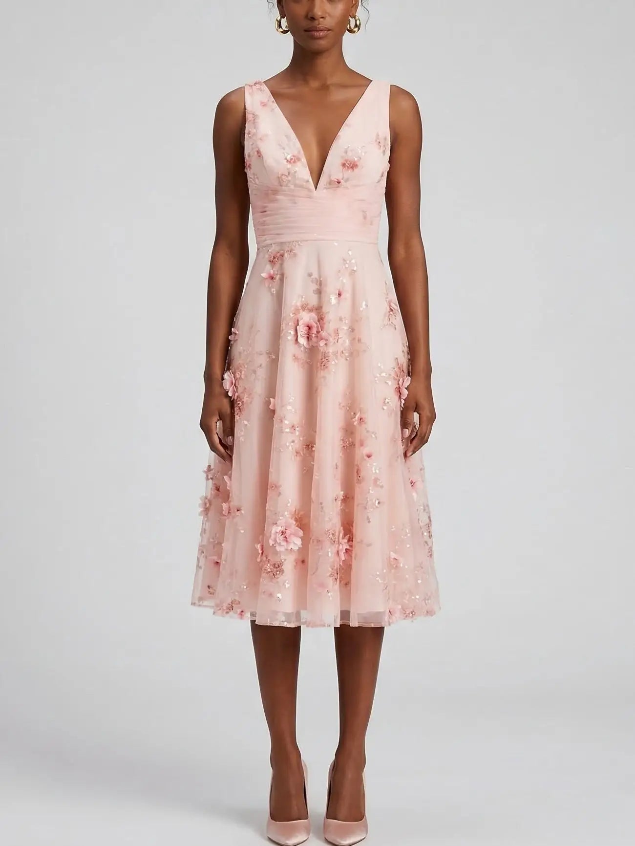 Blush Pink Floral Appliqué Midi Dress with V-Neck - Small - Dresses
