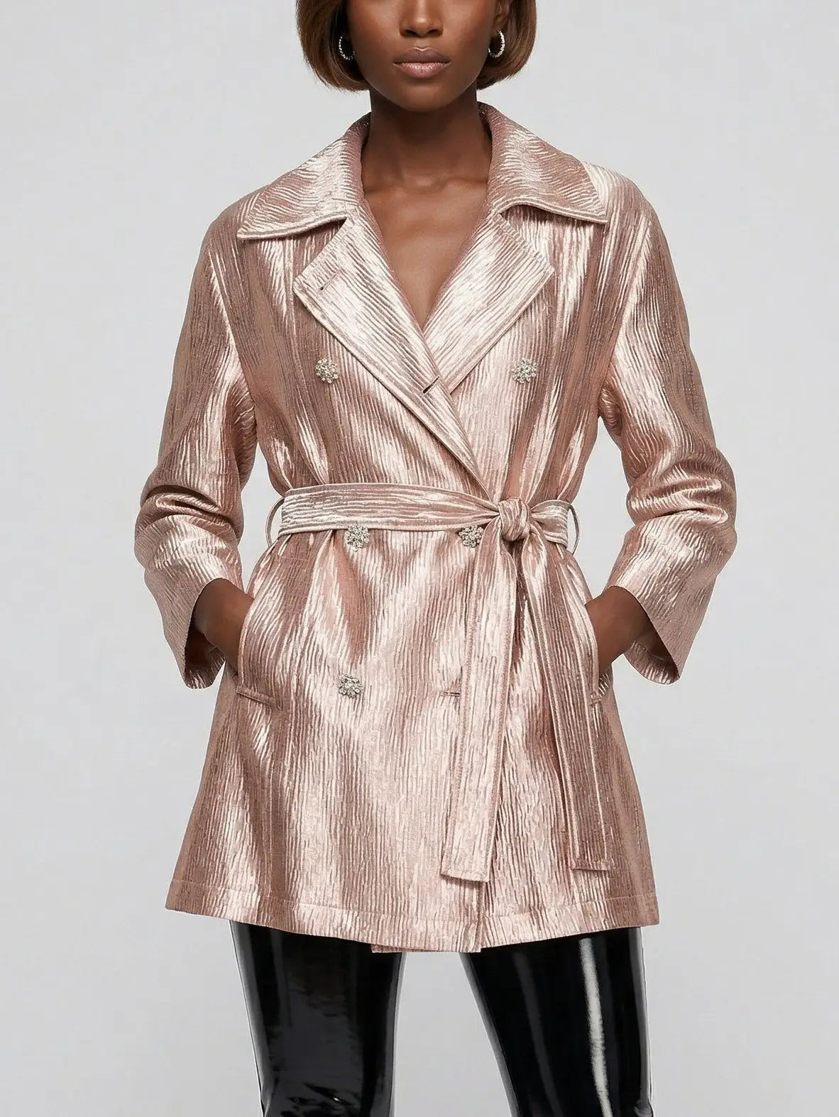 Blush Pink Metallic Satin Belted Trench Jacket - Small - Jackets
