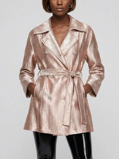 Blush Pink Metallic Satin Belted Trench Jacket - Small - Jackets