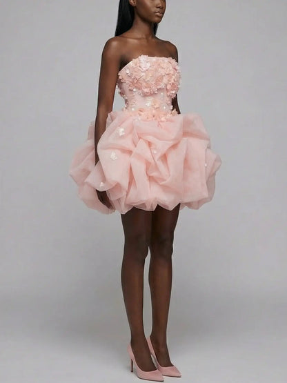 Blush 3D Floral Strapless Tulle Mini Dress - Dresses