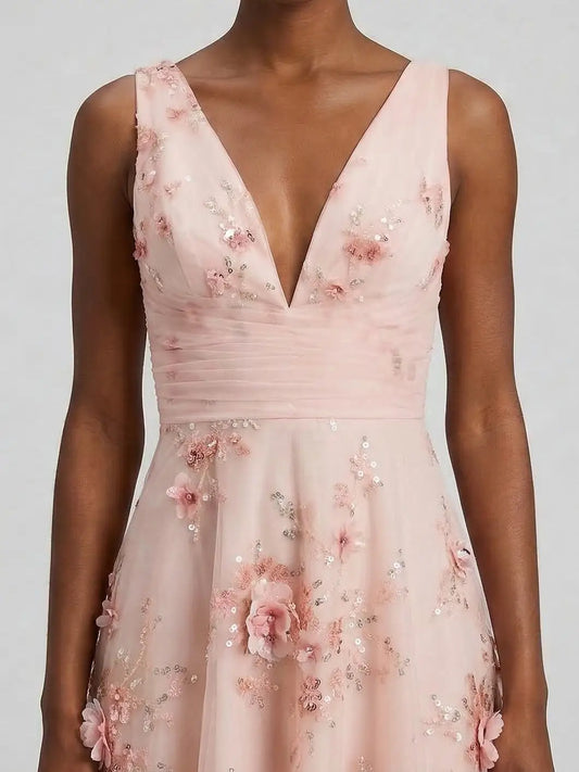 Blush Pink Floral Appliqué Midi Dress with V-Neck - Dresses
