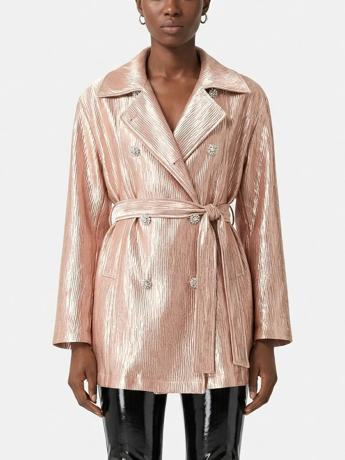Blush Pink Metallic Satin Belted Trench Jacket - Jackets