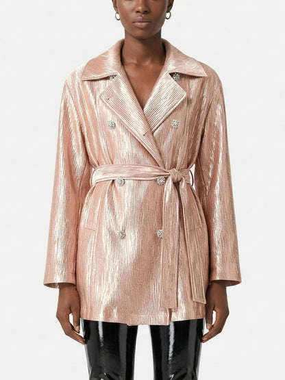 Blush Pink Metallic Satin Belted Trench Jacket - Jackets