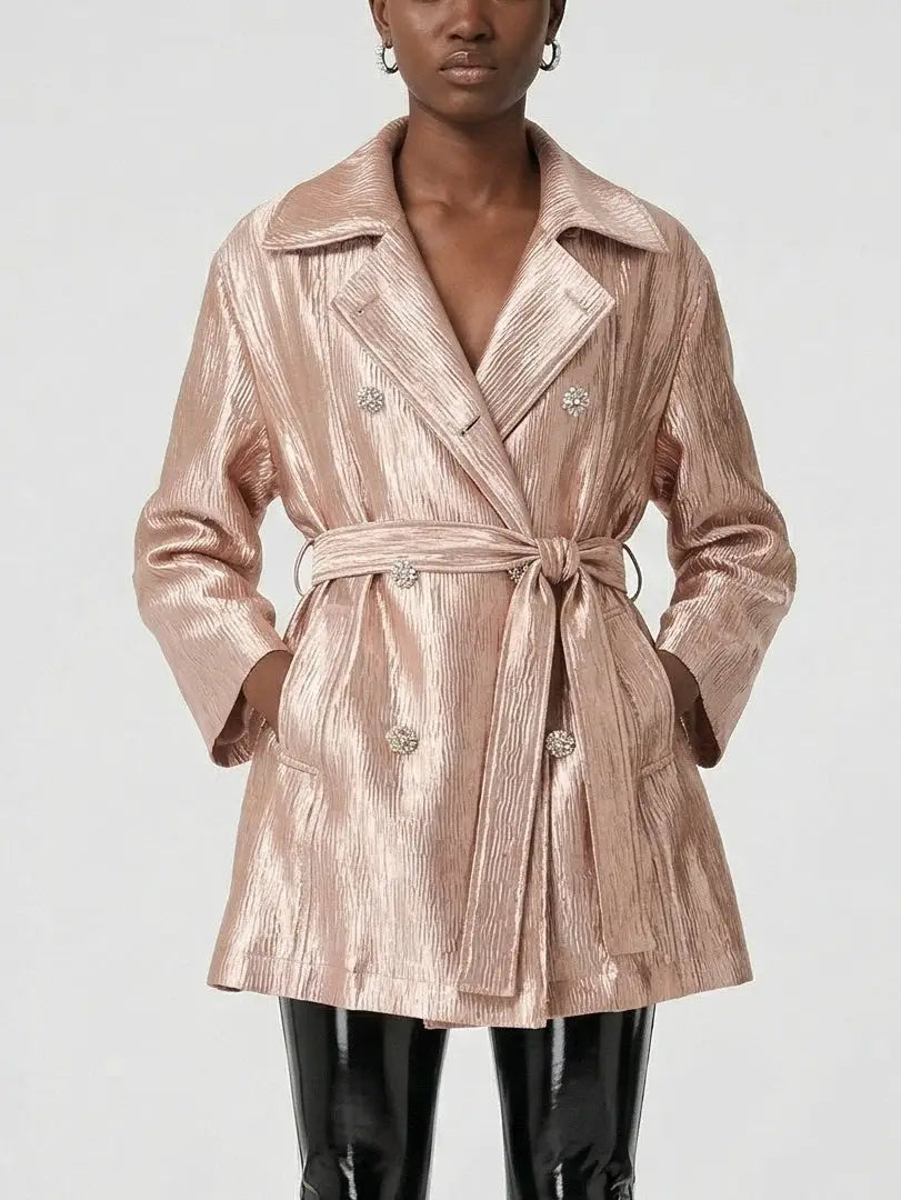 Blush Pink Metallic Satin Belted Trench Jacket - Jackets