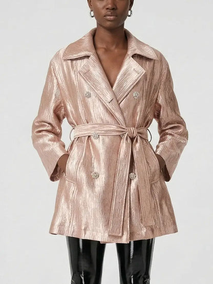 Blush Pink Metallic Satin Belted Trench Jacket - Jackets
