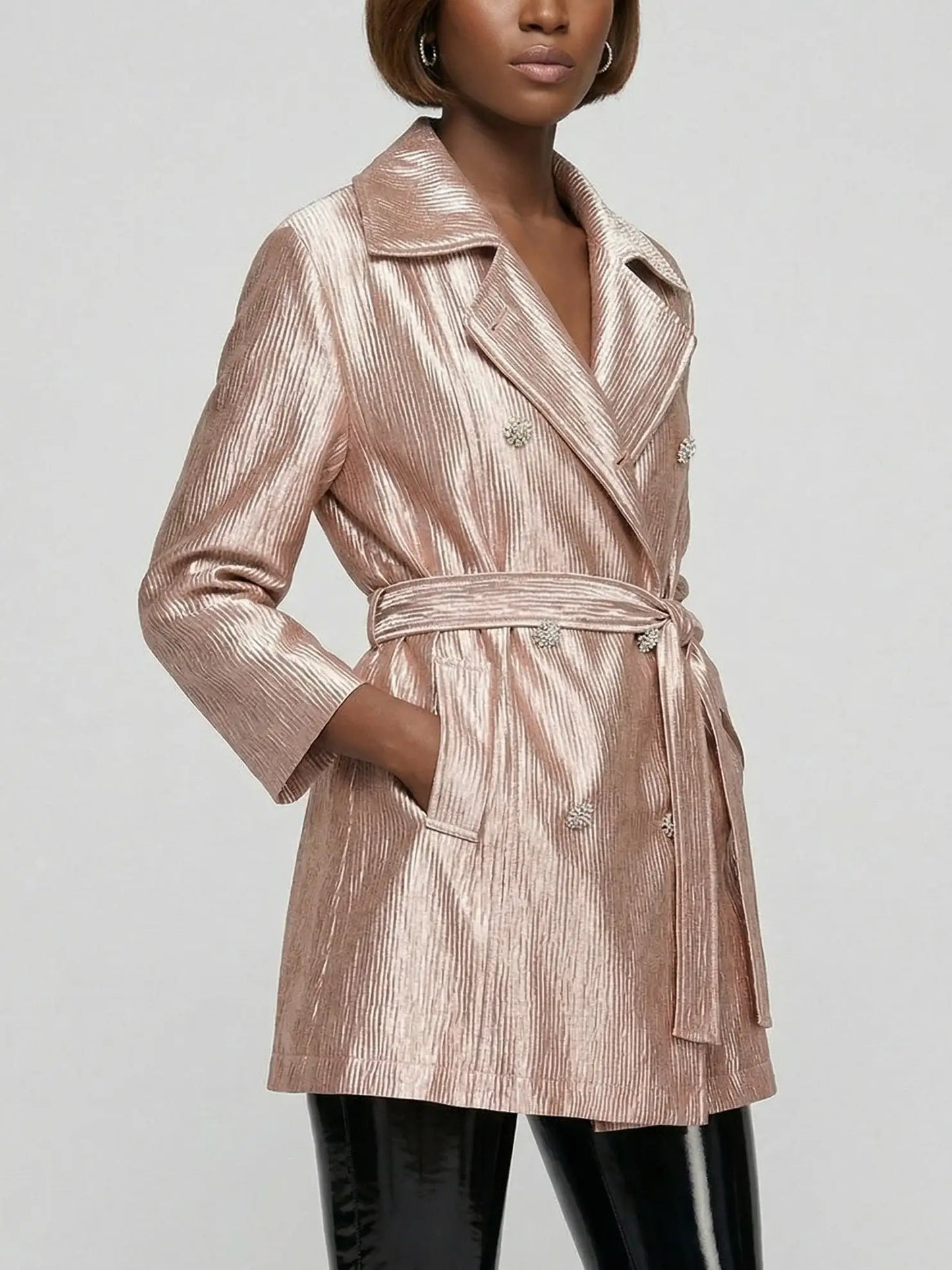 Blush Pink Metallic Satin Belted Trench Jacket - Jackets